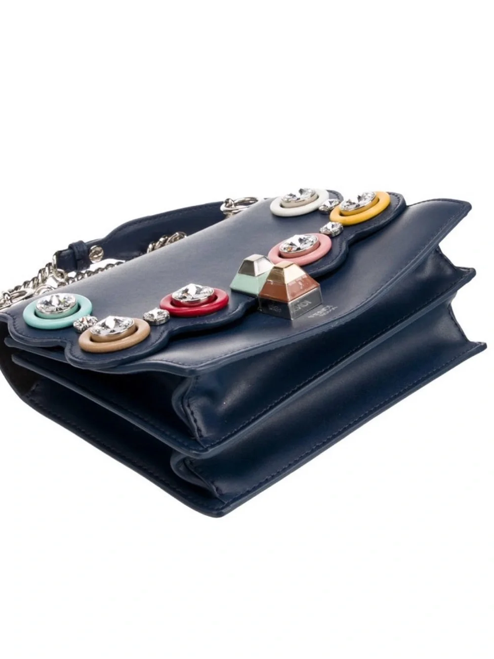 Fendi Navy Leather Crossbody with Multicolor Crystal Ring Accents